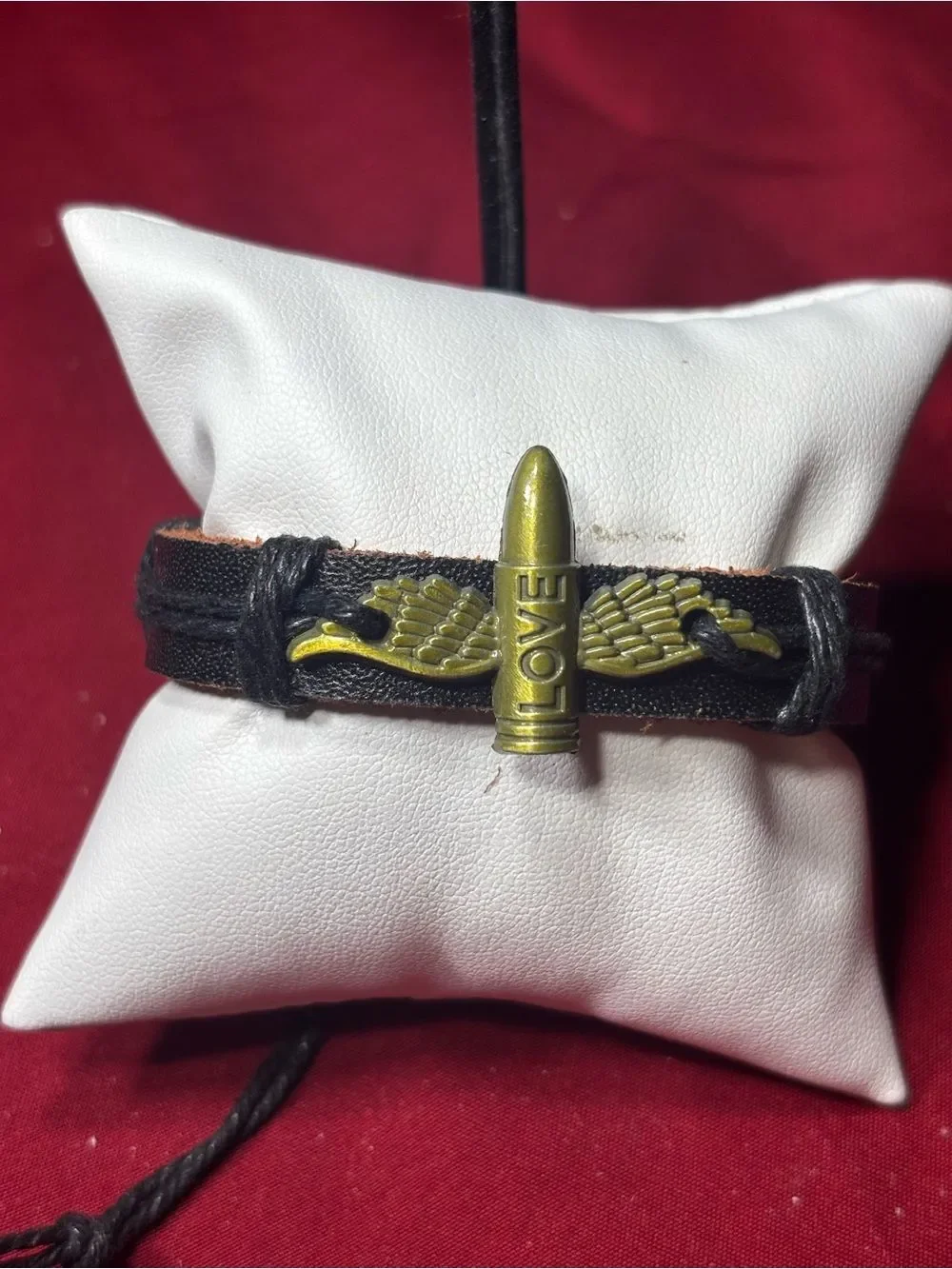 New LOVE Black Leather Cord Bracelet with Gold Winged Bullet Accent